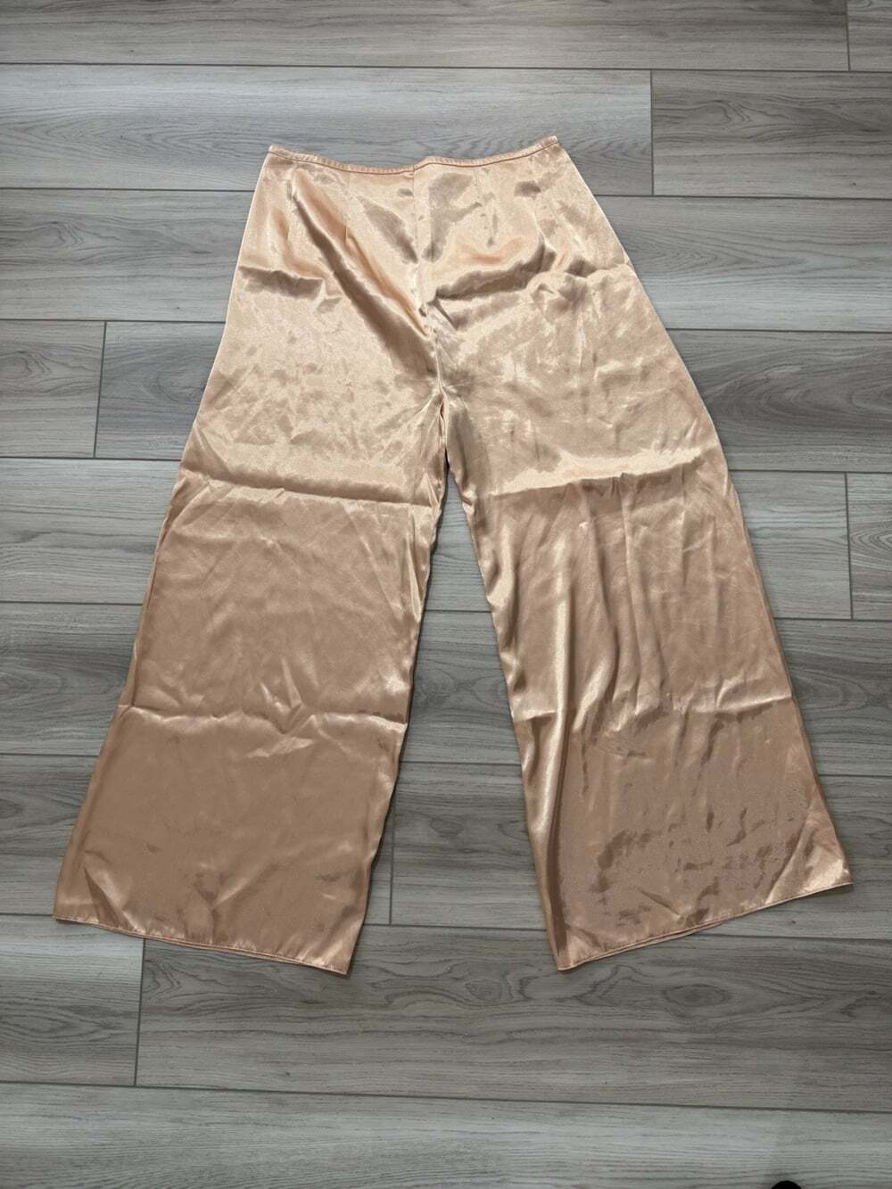 Vintage Rose Gold Liquid Satin Wide-Leg Palazzo Pants — High Waist, Metal Zipper